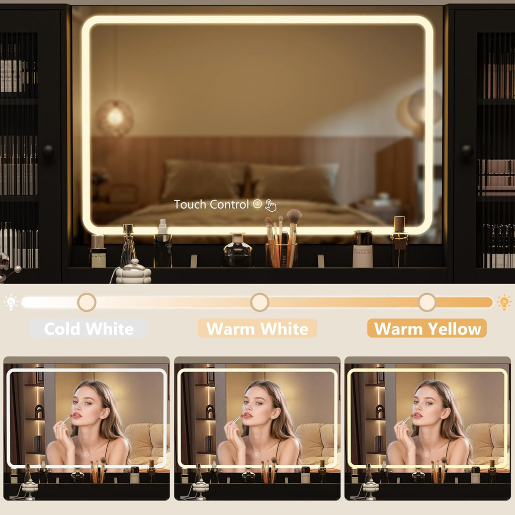 Fluted Makeup Vanity Desk with Mirror and Lights, 55" Glass Top Vanity with 8 Drawers & 4 RGB Glass Cabinets