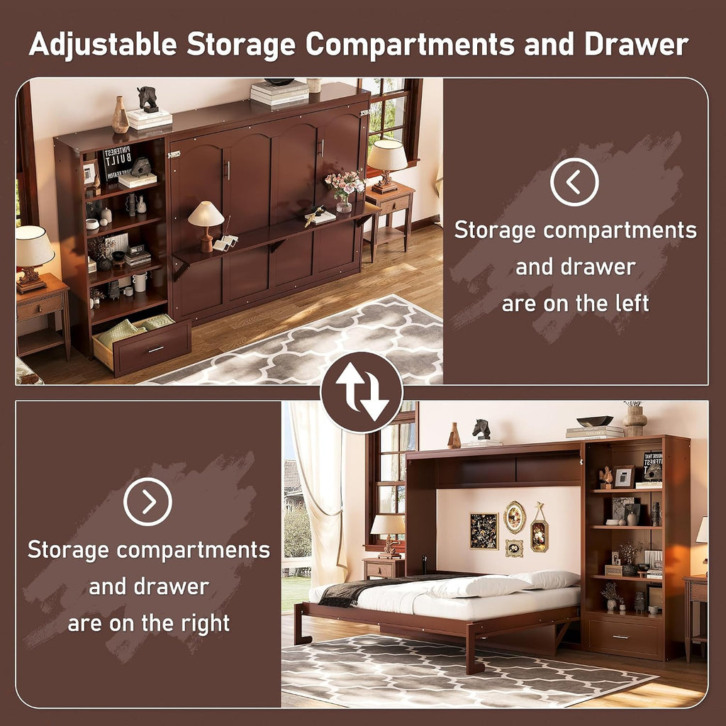 Queen Horizontal Murphy Bed with Desk, Foldable Wall Bed Frame with Storage Drawers, Shelves & Movable Cabinets
