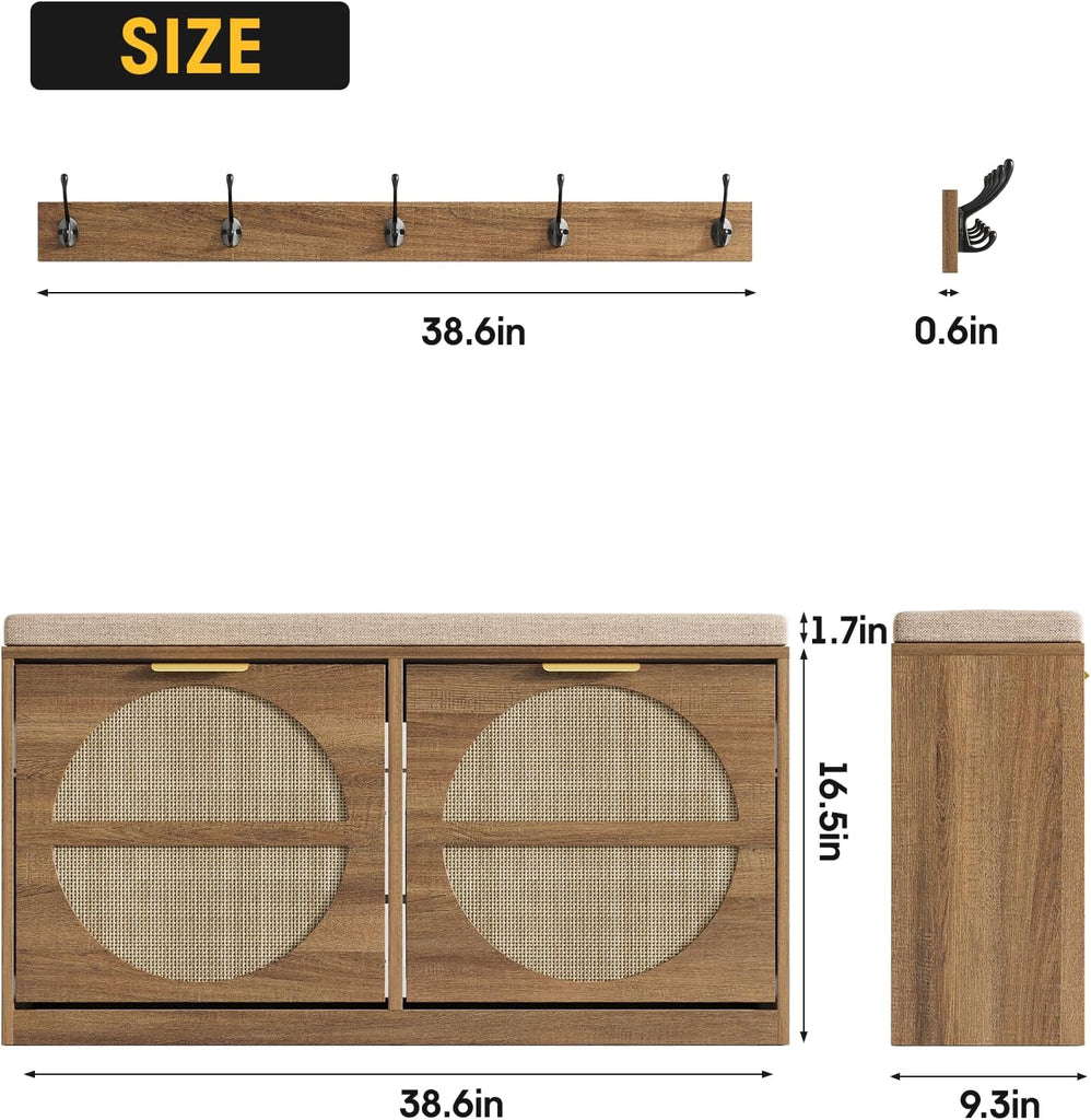 Rattan Entryway Bench with Seat Cushion & Coat Rack, Shoe Storage Cabinet with 2 Flip Drawers, Narrow Shoe Rack, 5