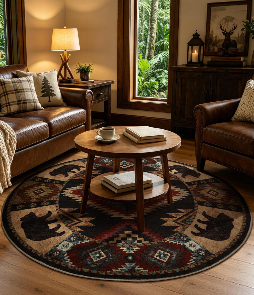 Washable Western Cabin Round Rug, 6ft