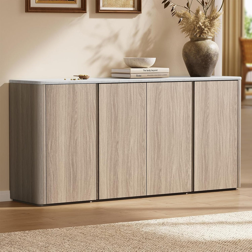 67" Sideboard Buffet Cabinet with Faux Travertine Texture, Storage Credenza with 4 Doors & Adjustable Shelves