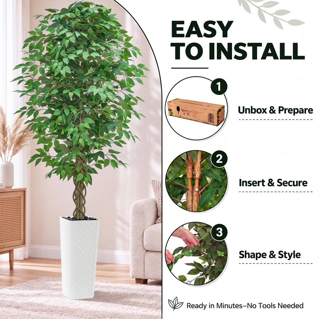 Artificial Ficus Tree 8FT, Large Fake Tree Decor (White Planter)