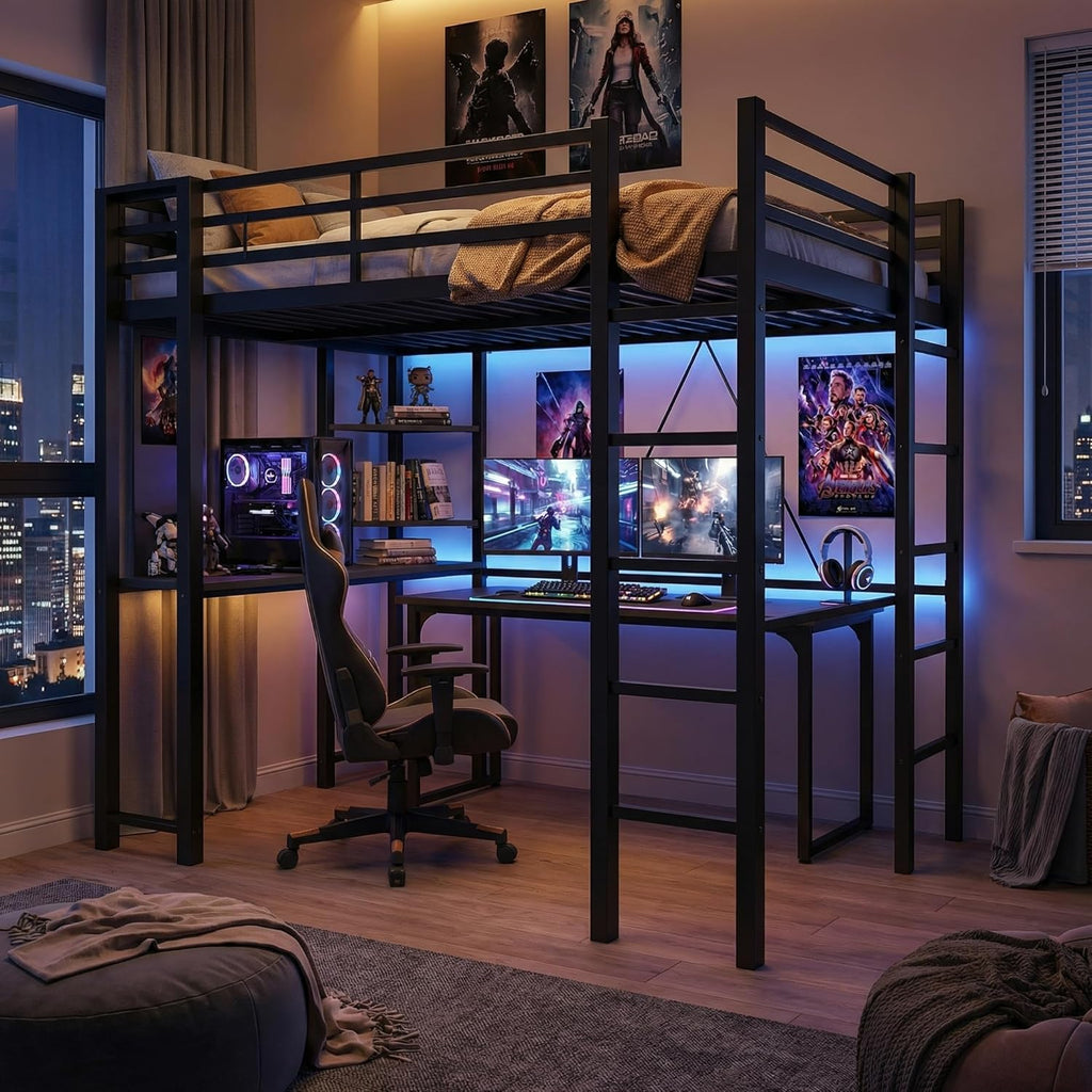 Loft Bed with Desk, Metal Loft Bed Full with 2 Built-in Ladders, Space-Saving Bed Frame, with Safety Guard