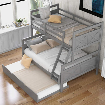 Trundle Bunk Bed, Twin Over Full Wood Bunk Bed with Twin Trundle, Solid Wood Bunk Bed Frame with Guardrail and Ladder