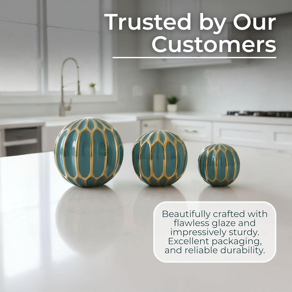 Set of 3 Blue Decorative Orbs - Stoneware & Ceramic Spheres Decor - Elegant Accent Pieces , Coffee Table & Shelves