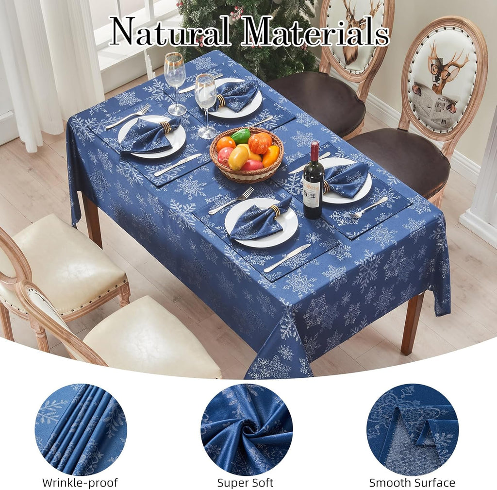 Rectangle Fancy Metallic Sparkling Snowflake Christmas Fabric Table Cloth red Hunter Gold Navy White