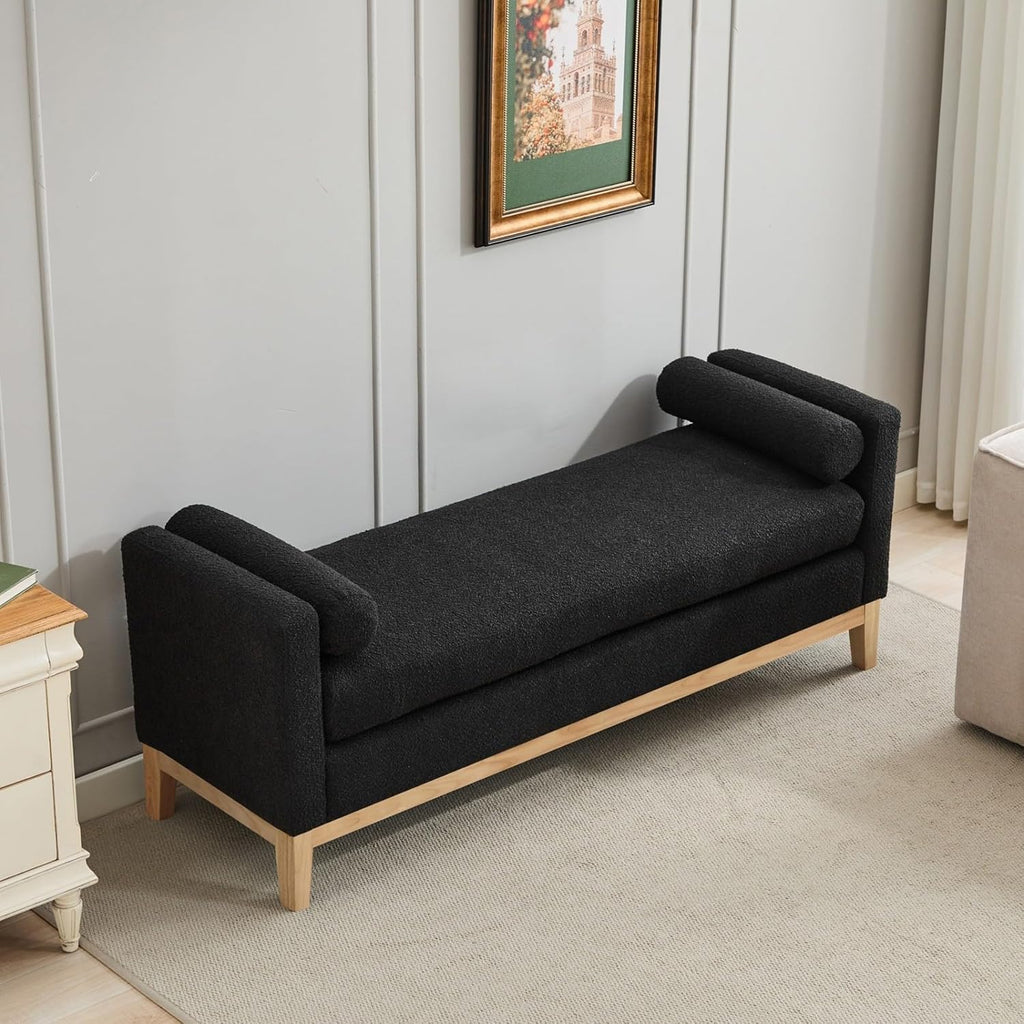 Oversize Boucle Bench Ottoman with 2 Bolster Pillows & Wood Legs, Upholstered End of Bed Daybed Seating, Foot Rest