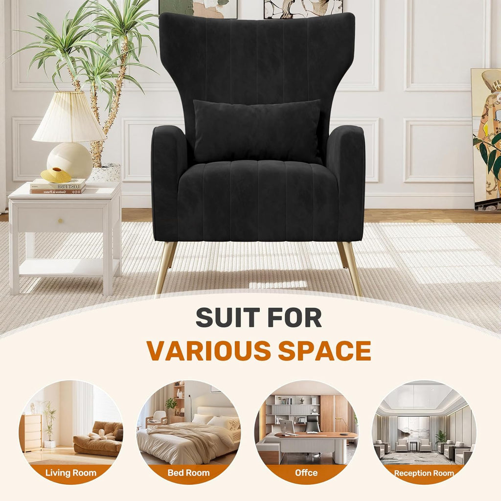 Black Velvet Accent Chair Set of 2, Wingback Chair , High Back Arm Chair with Golden Legs Lumbar Pillow, Upholstered