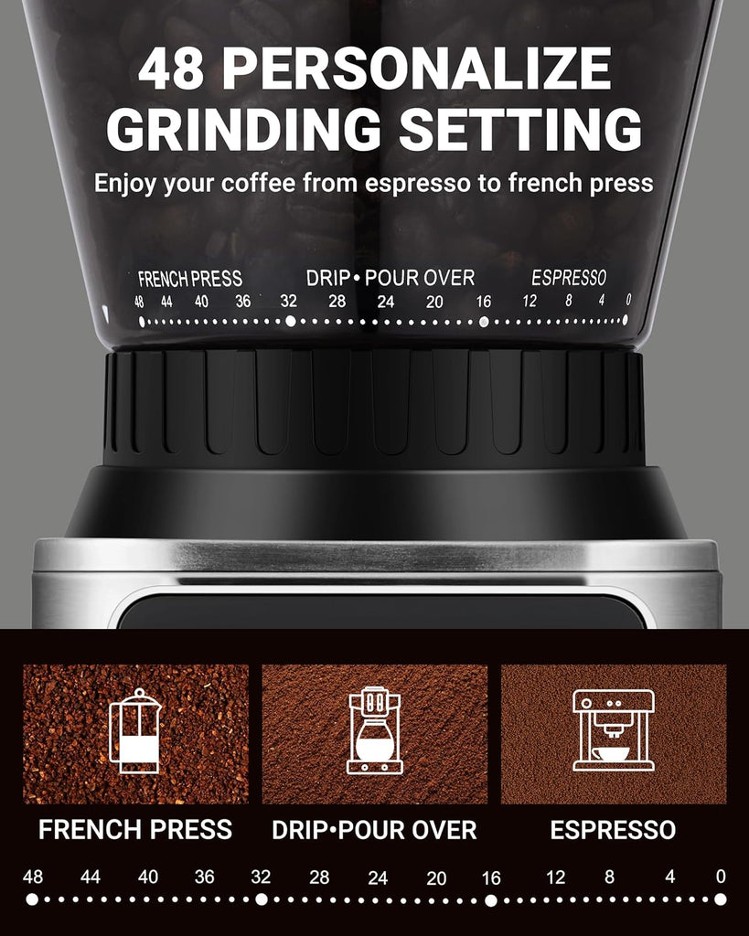 Burr Coffee Grinder, 48 Settings, Less Static Mess, Metallic Silver