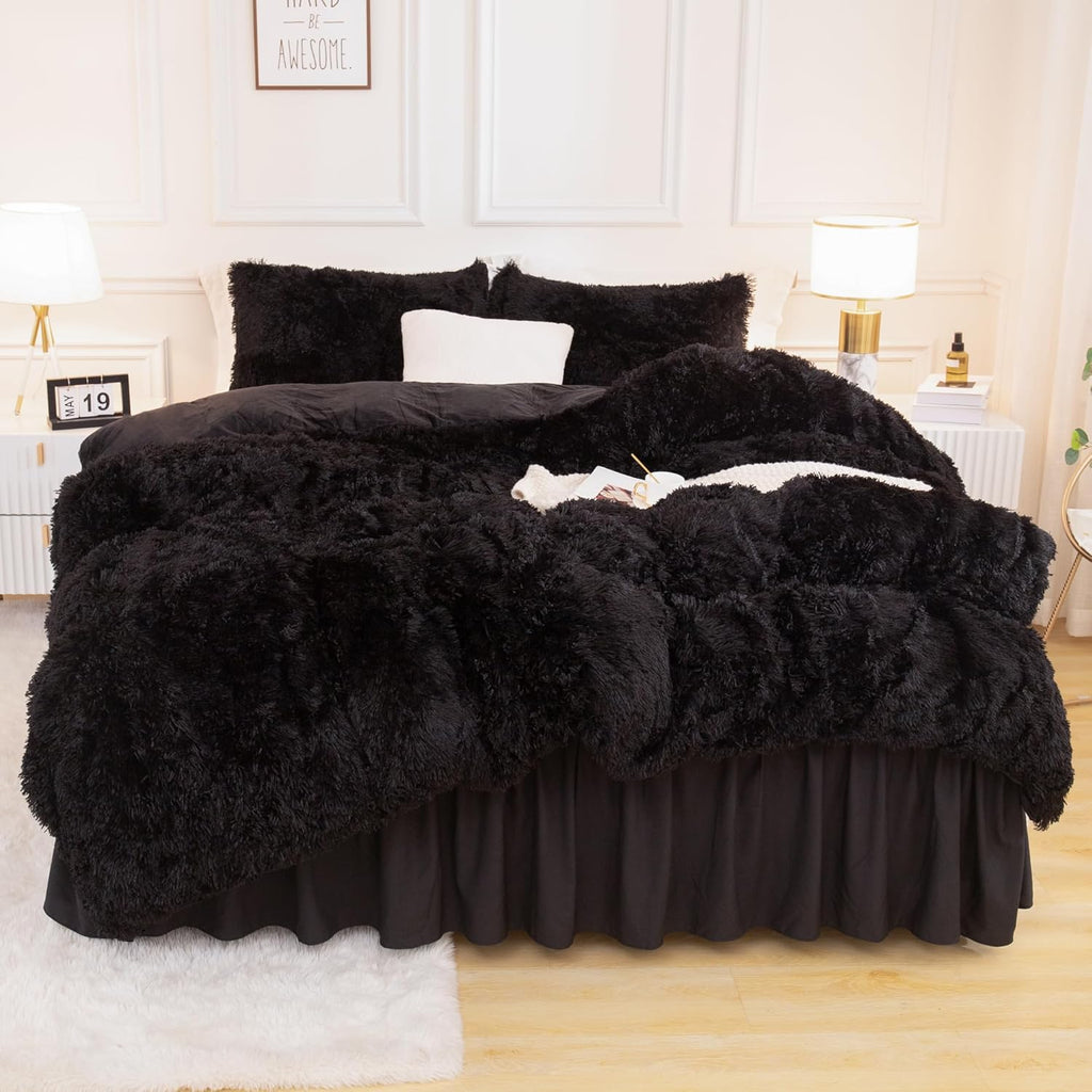 Comforter Set Black, Fluffy Winter Faux Fur Warm Soft Plush Bedding Comforter Set (1 Velvet Comforter & 2