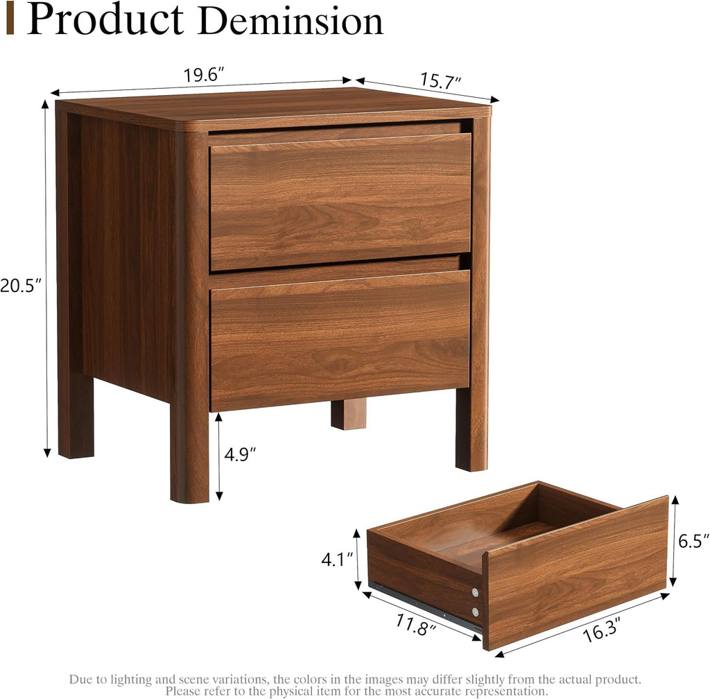 Mid Century Walnut Nightstand with 2 Drawers, Modern Wooden Bedside Table with Hidden Handles and Solid Wood Legs
