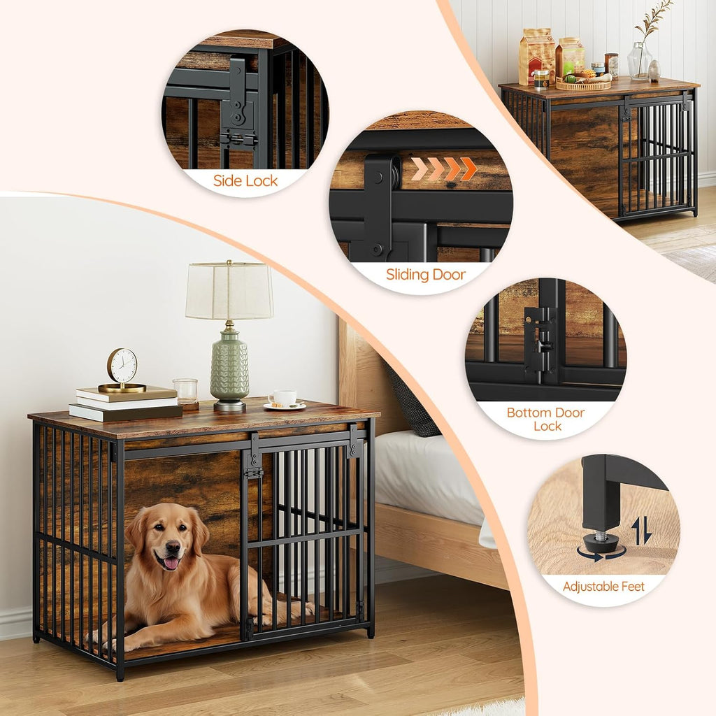 Dog Crate Furniture, 36.6" Heavy Duty Dog Kennel with Sliding Barn Door, Wooden Dog Cage Indoor