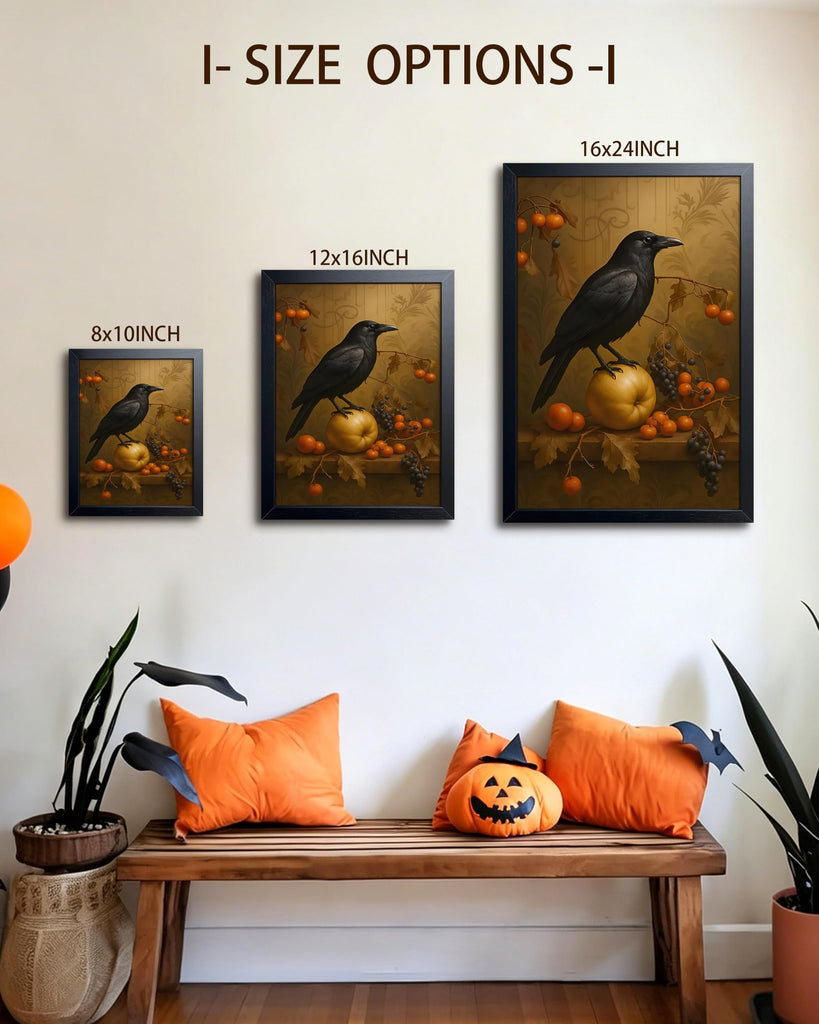 Halloween Crow Wall Art Canvas Framed Poster Painting Print Picture, Dark Academia Raven Bird Gothic Still Life