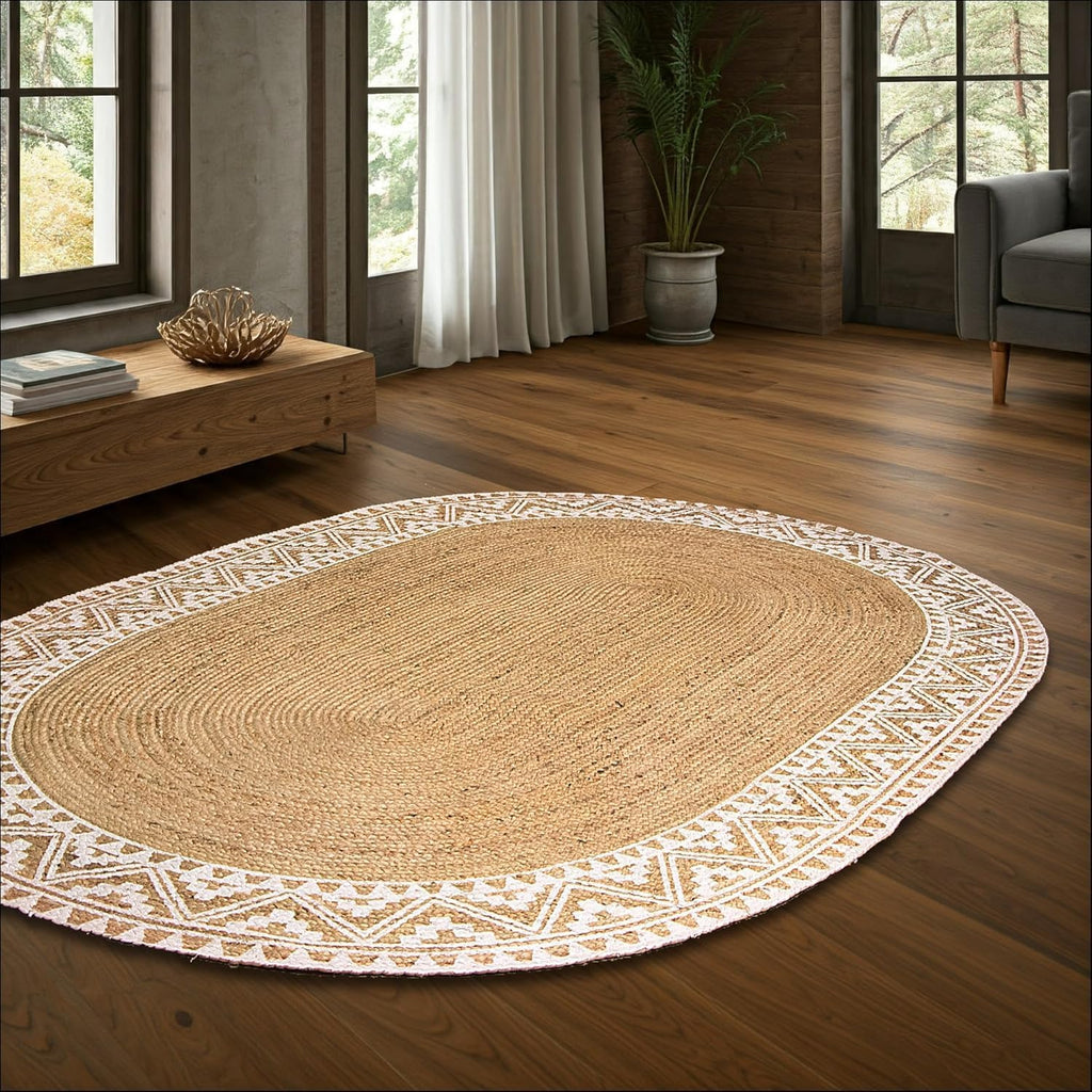 5X8 Feet-Oval, Premium Natural Jute Braided Area Rug, White Printed Border & Backing, Stain Resistance, Natural