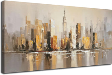 Abstract Cityscape Canvas Wall Art - Modern New York Skyline Painting Warm Accents, NYC Picture Large Framed Artwork