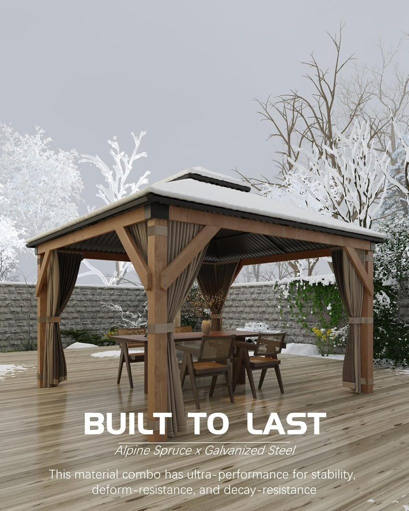 Hardtop Wood Gazebo 10 x 10 ft, with Double Metal Roof, Net, and Curtain, Permanent Building and Garden