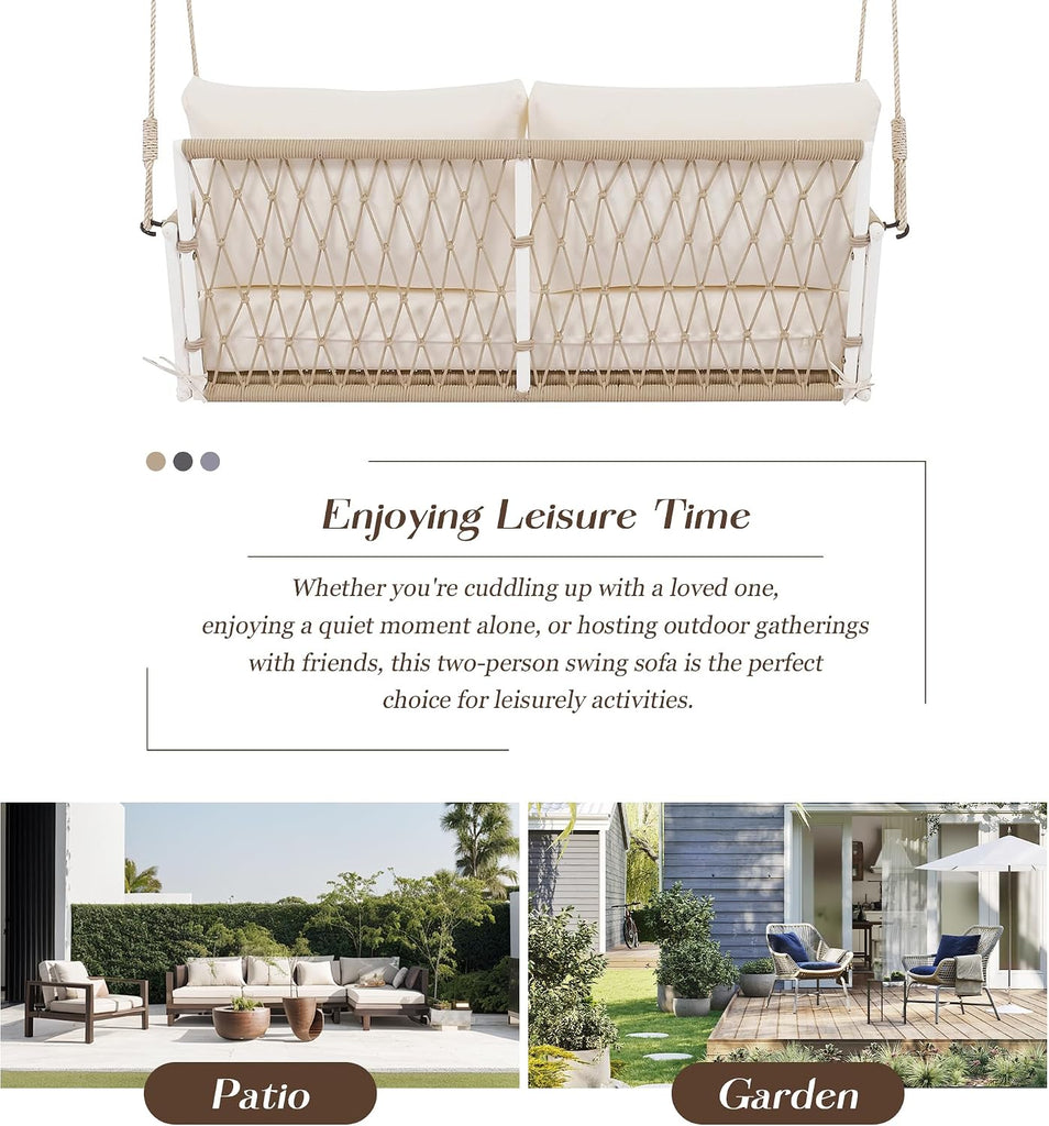 51.6" Porch Swing Bed with Cushions, 2-Person Patio Swing Bench, PE Wicker Outdoor Hanging Seat with Woven Rattan
