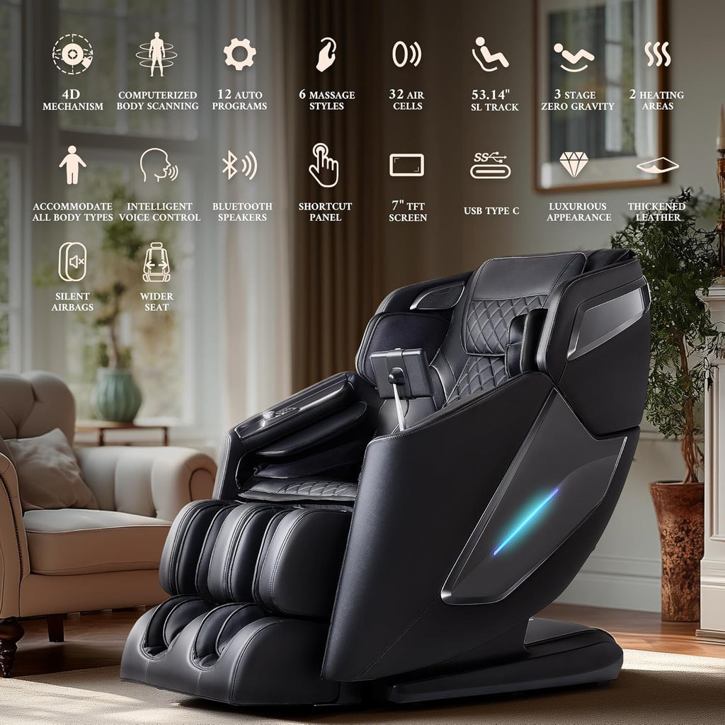 4D Massage Chair, Full Body Massage Chair, Zero Gravity Recliner w/ Intelligent Voice Control, 53.14" SL Track