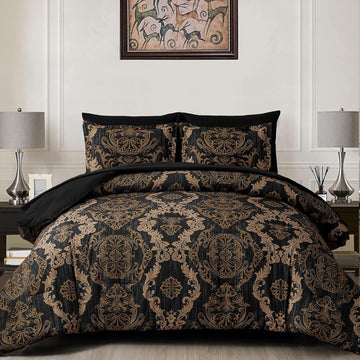 Black Comforter Set, Gold Damask Texture 7 Pieces Bed in a Bag Microfiber Comforter Bedding Sets-1 Comforter