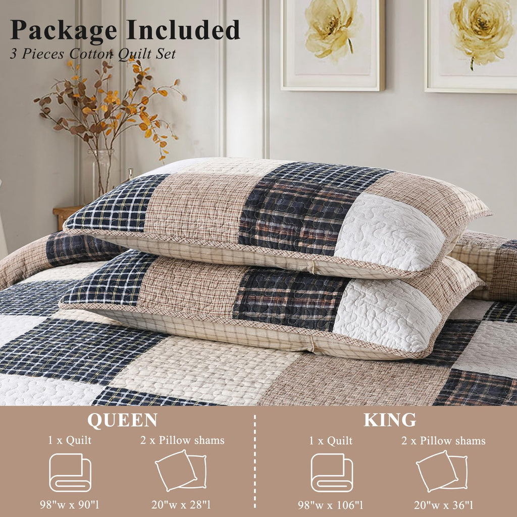 Quilt, Patchwork Plaid Quilt Set/Brown/Beige/Charcoal