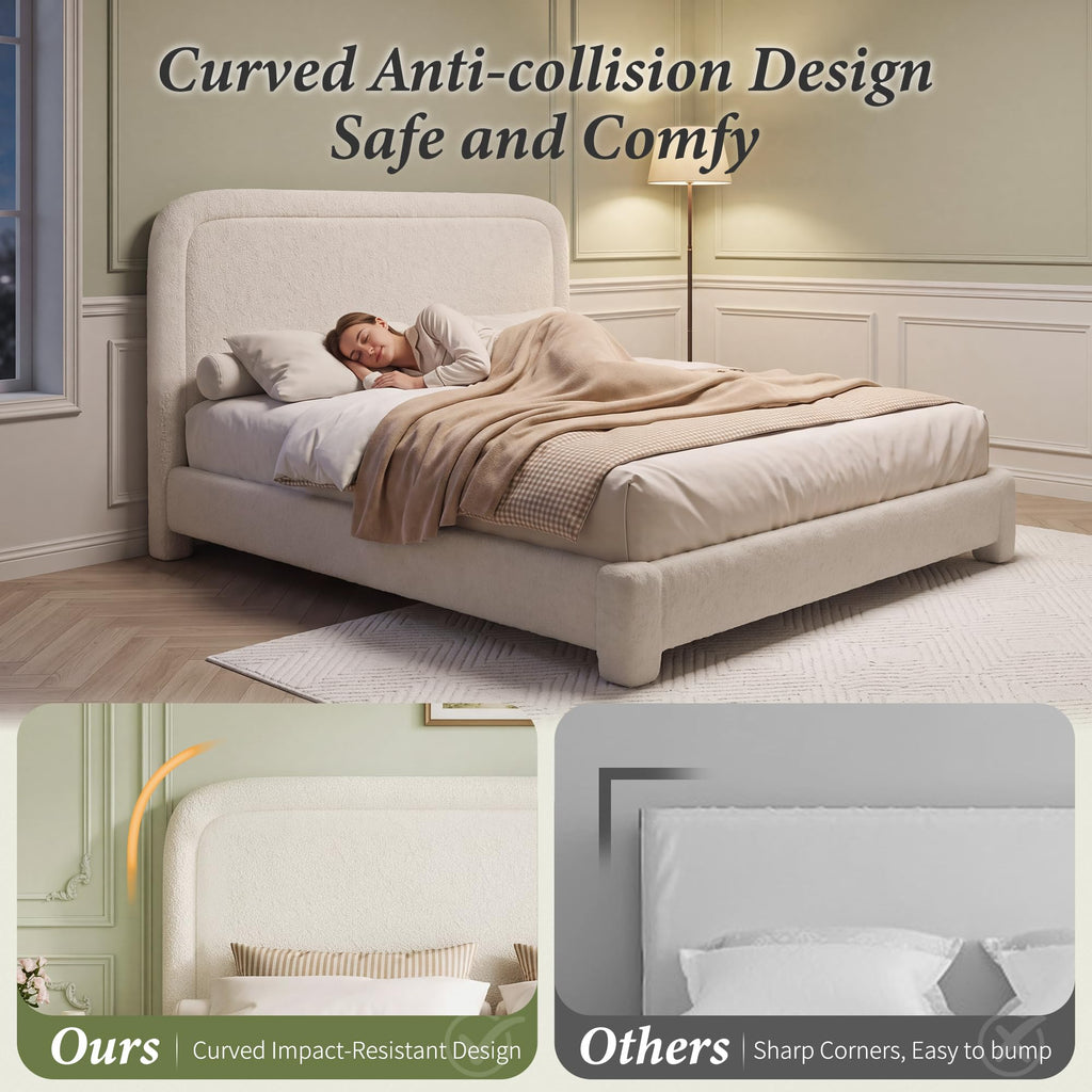 Queen Size Platform Bed Frame, Boucle Upholstered Bed with Adjustable Headboard, Wood Slats, No Box Spring Required