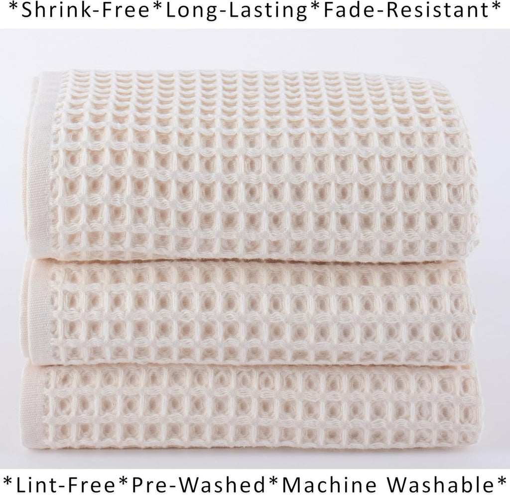 Natural 100% Turkish Cotton Waffle Kitchen and Hand Towels, 3-Piece | Raw-Undyed 32x16" Large Soft Absorbent