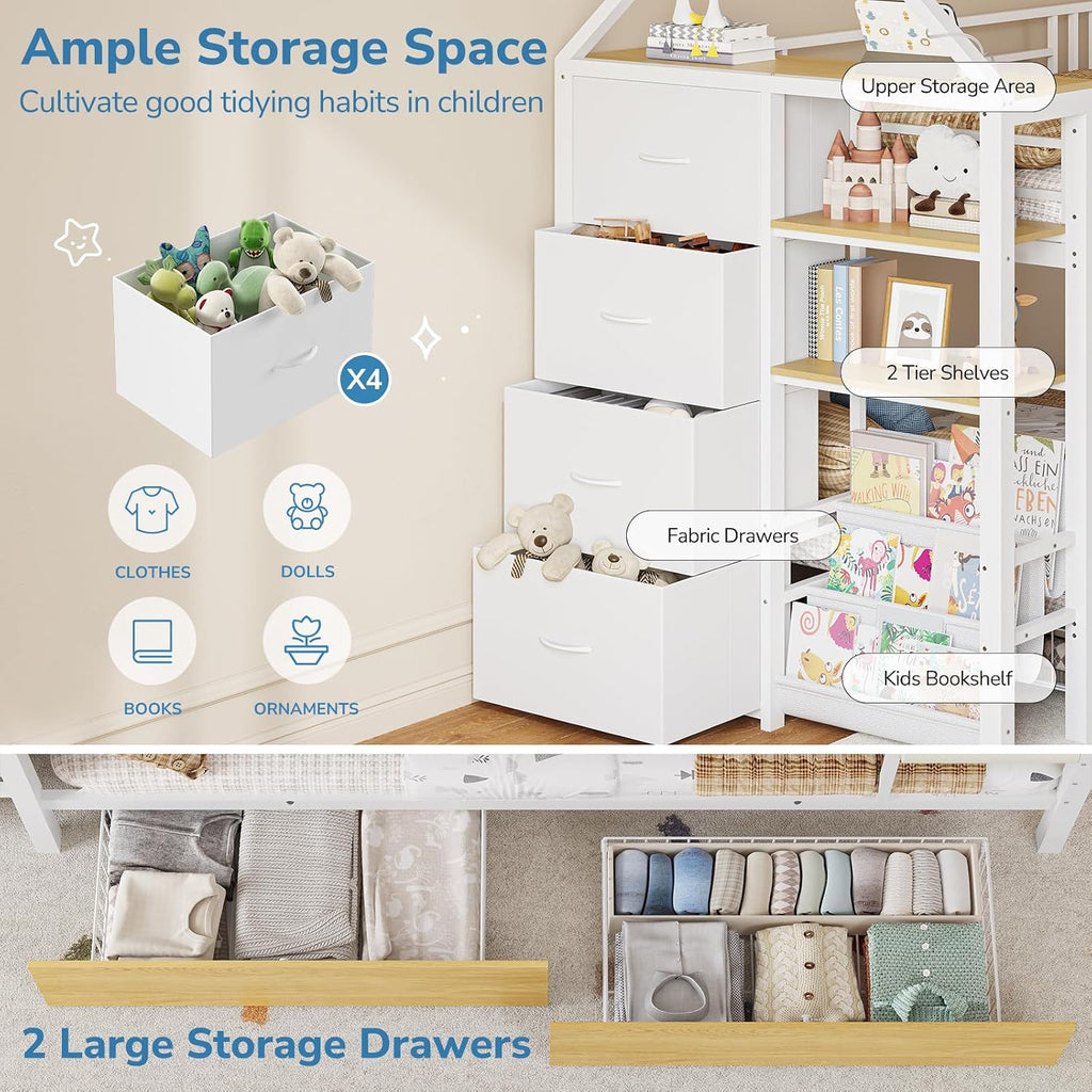 Twin Bunk Bed for Kids with 6 Storage Drawers, Montessori Bookshelf