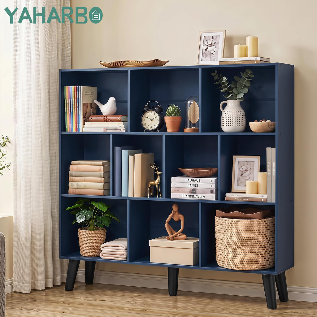 10 Cube Bookshelf, 3 Tier Bookcase with Legs, Dark Blue Mid-Century Modern Bookshelves, Large Free Standing Open Storage