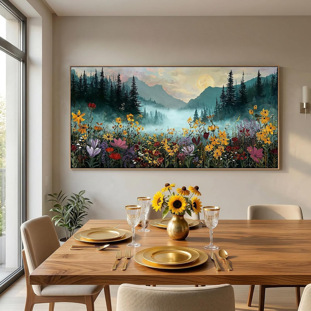 Framed Canvas Wall Art - Mountain Landscape with Wildflowers Wall Decor Moon Over Misty Forest Nature Painting Print