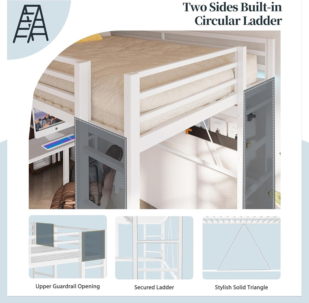 Metal Twin Loft Bed with Desk, Twin Loft Bed with 2 Built-in Ladders & Safety Guard, Noise Free for Small Bedroom