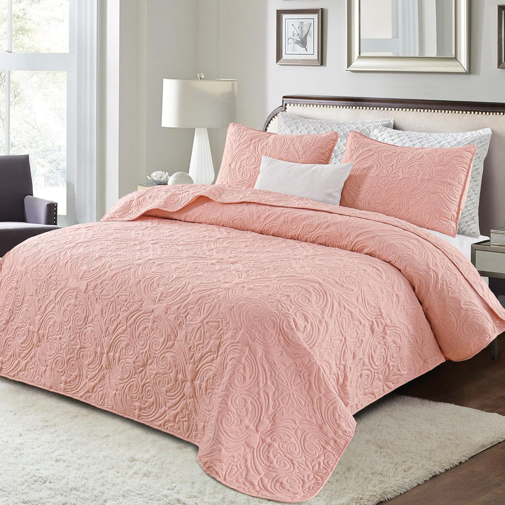 3 Piece King Quilt Bedding Set, Blush Pink