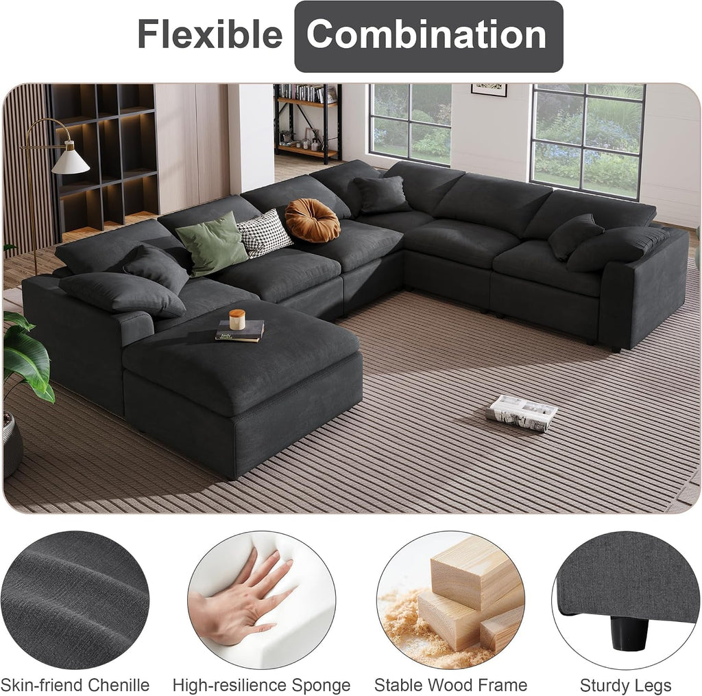 130.3" Oversized Modular Sectional Cloud Sofa Couch, Dark Grey | cloud soft, 7 seater, removable ottoman, easy
