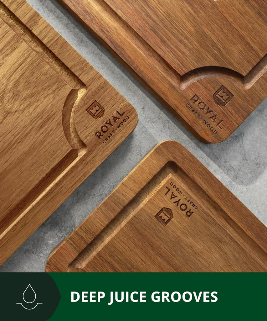 Wooden Cutting Boards Meal Prep & Serving - Bamboo Wood Serving Board Set with Deep Juice Groove Side Handles