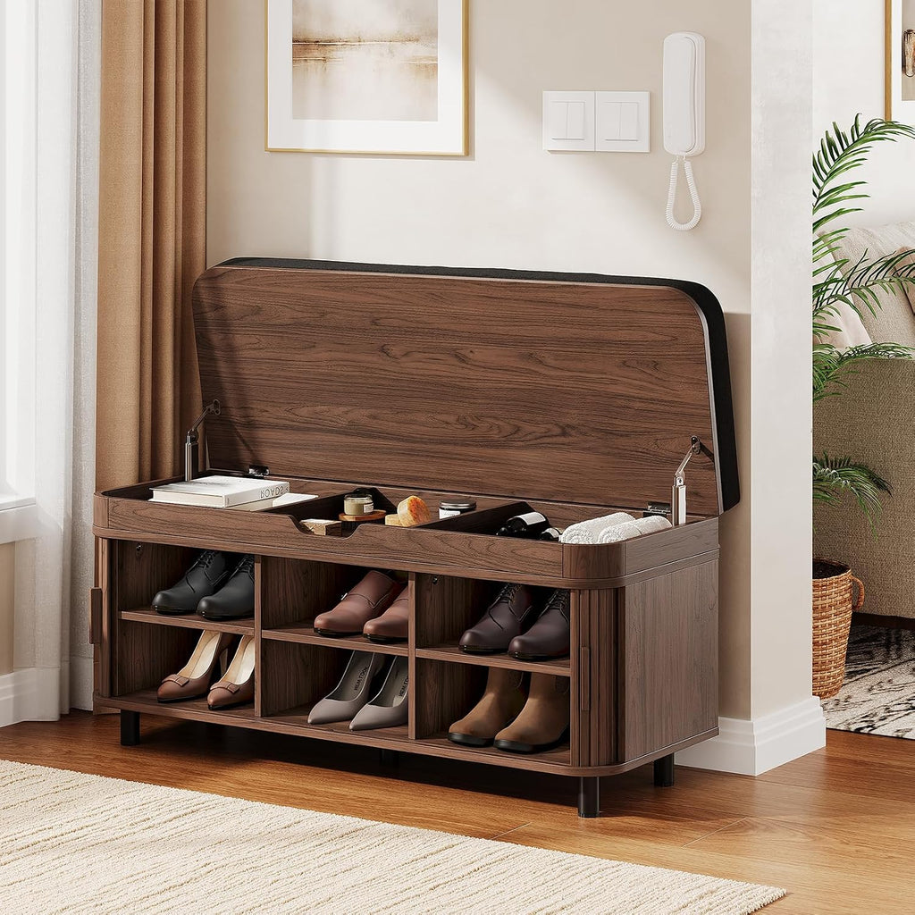 43.3" Shoe Storage Bench with Lift Top Storage, Entryway Bench with Storage&Cushion, Fluted Shoe Bench with Sliding