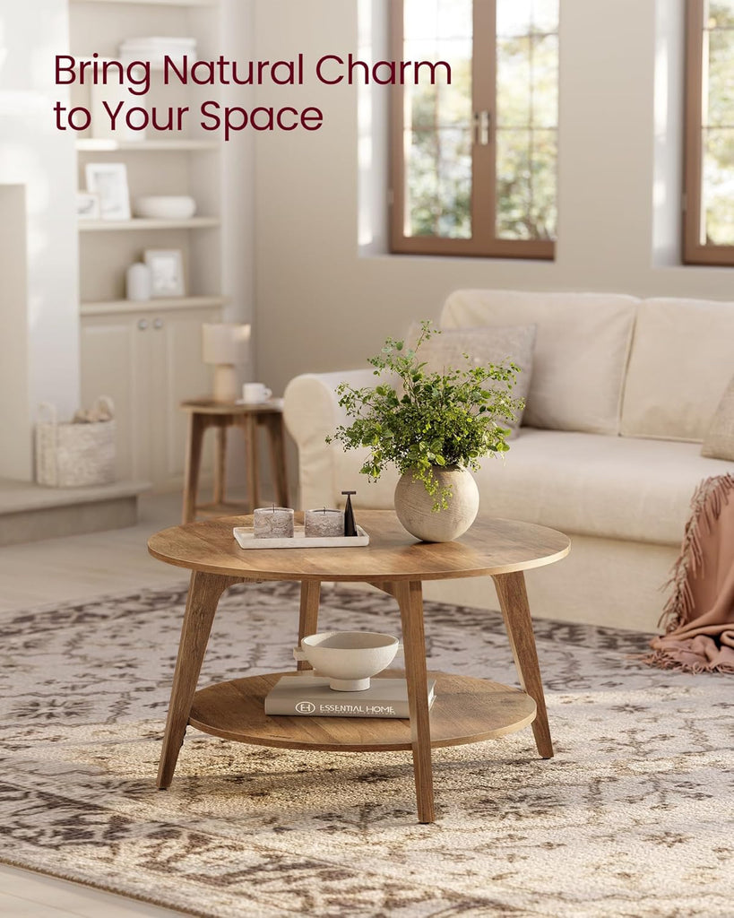 Collection - Round Coffee Table, 2-Tier Center Table with Storage, Tapered Legs, Curved Transitions