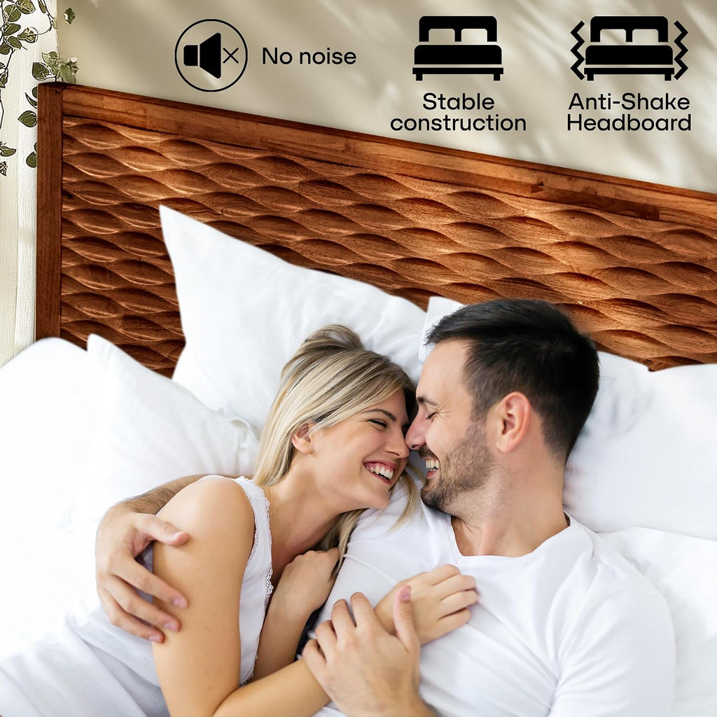 Elara Wood Bed Frame with CNC-Carved Headboard, King Size, Walnut