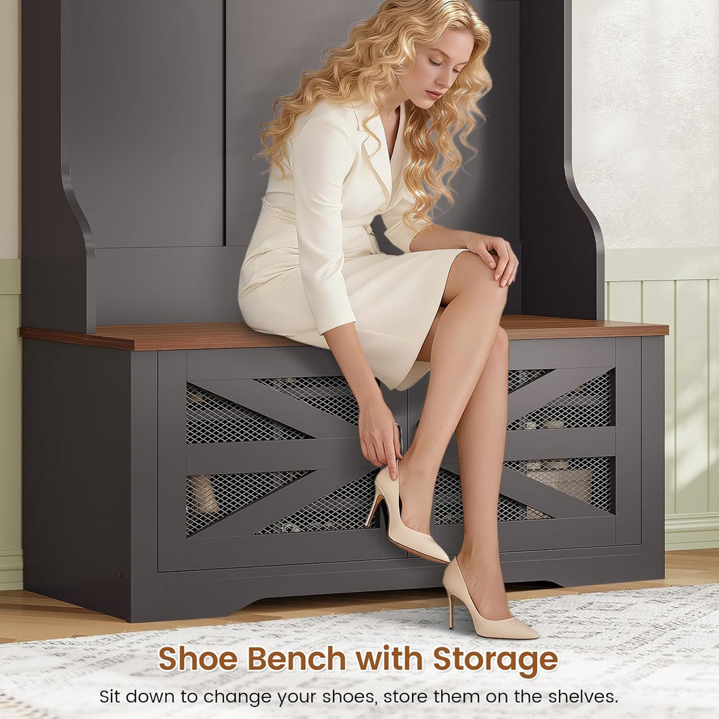 Hall Tree with Bench and Shoe Storage, 5-in-1 Entryway Bench with Coat Rack, 10 Shoe Cubbies & 9 Coat Hooks, Barn