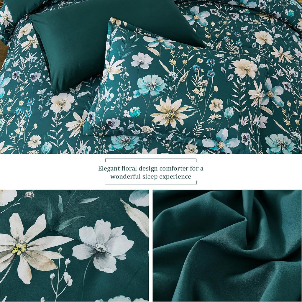 Queen Floral Comforter Set 7 Pieces, Teal Floral Comforter with Sheet Set, Flowers Leaves Pattern