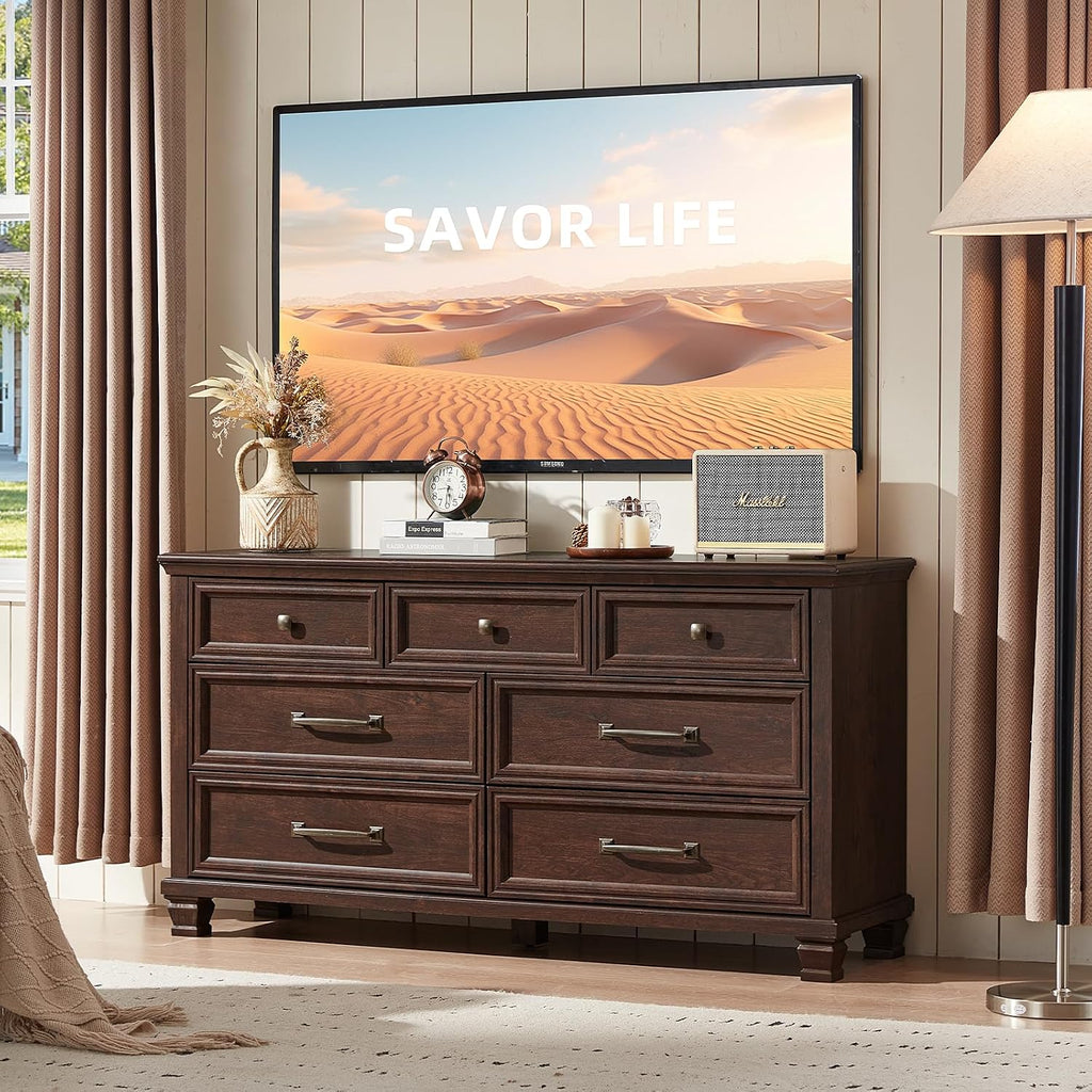 Farmhouse 7 Drawer Dresser , Walnut | 54" Wide Horizontal Dressers & Chests of Drawers with Reinforced Top & Square