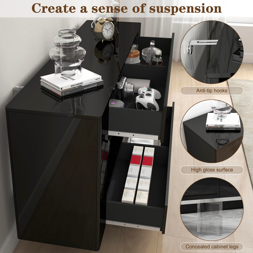 55" with 2 Drawers & Hidden Storage Cabinets, High Gloss Black