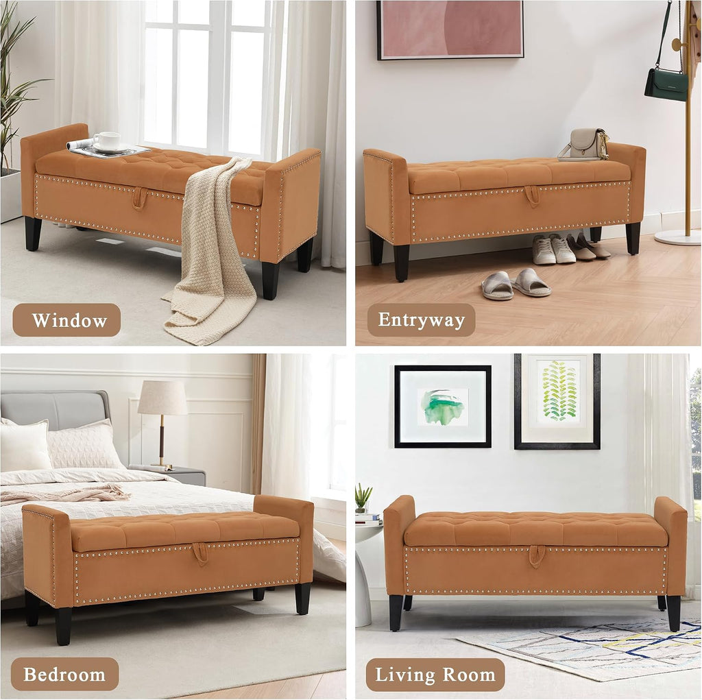 Velvet Ottoman with Storage, 46'' Upholstered Button Tufted End of Bed Bench with Arms, Modern Storage Bench , Orange