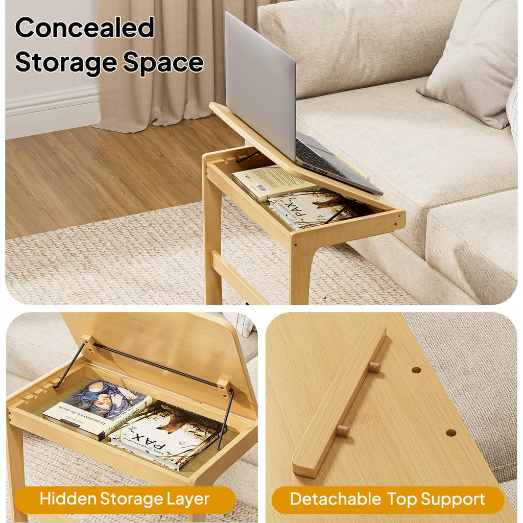 C Shaped Side Table, Rolling Bamboo with Adjustable Tilt Top & Storage Shelf, Small Couch Table with Wheels, Natural