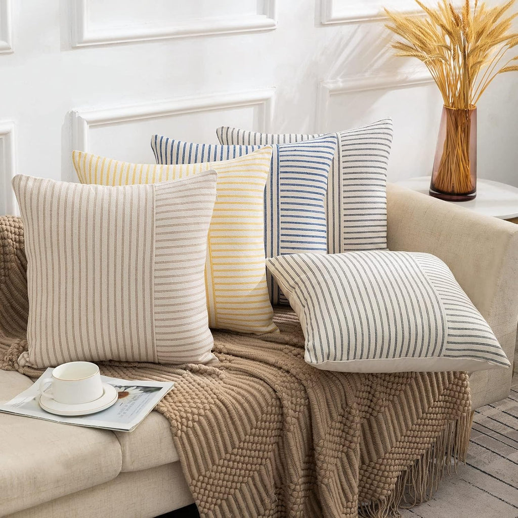 Farmhouse Pillow Covers 18x18, Modern Accent Square Throw Pillow Covers Set of 2, Gray and Beige Striped Patchwork