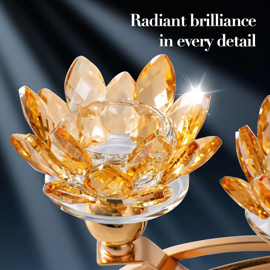 Crystal Candle Holder, 5.6" Tall Gold Centerpieces for Tables, 3-Arm Lotus Candelabra, Home Decor, Coffee Table and