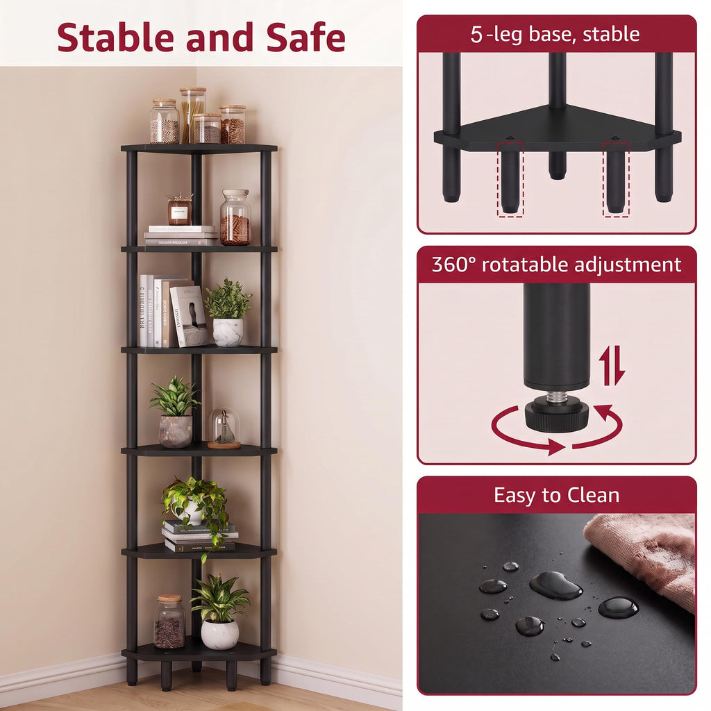 6 Tier Corner Shelf, Narrow Display Shelf Stand, Corner Bookshelf