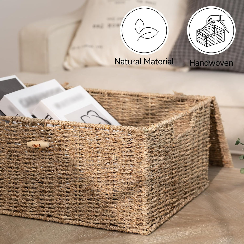 Extra Large Wicker Baskets with Lid for Organizing, Seagrass Storage Baskets for Shelves, Decorative Box with
