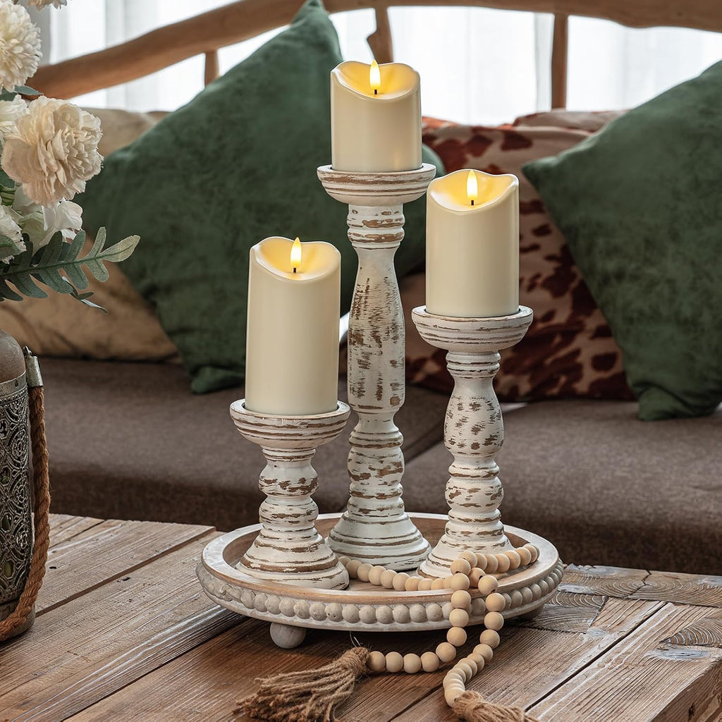 Farmhouse Wood Candle Holders for Pillar Candles Set of 3, Rustic Candle Holders for Table Centerpiece, 13" 9" 6"
