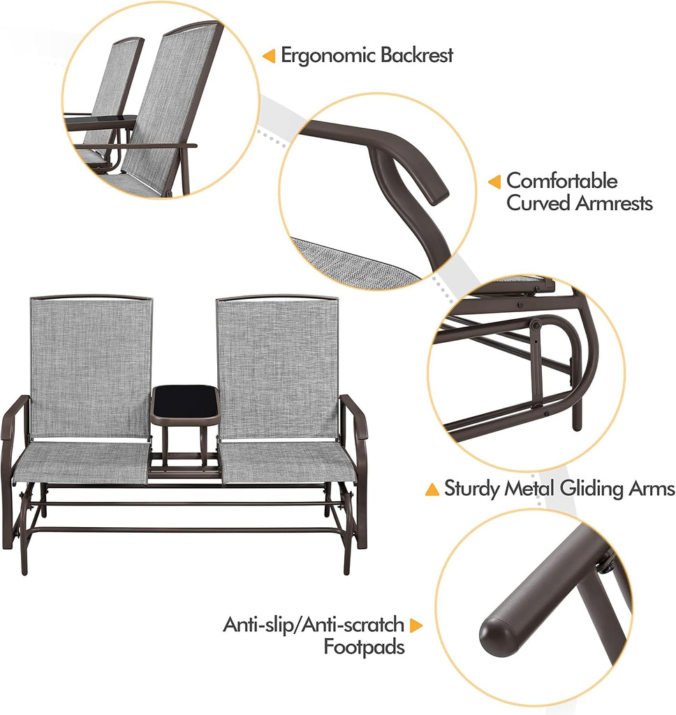 Outdoor Glider Bench Patio Loveseat with Table, Gray | Steel frame, Texteline fabric and tempered glass table provide