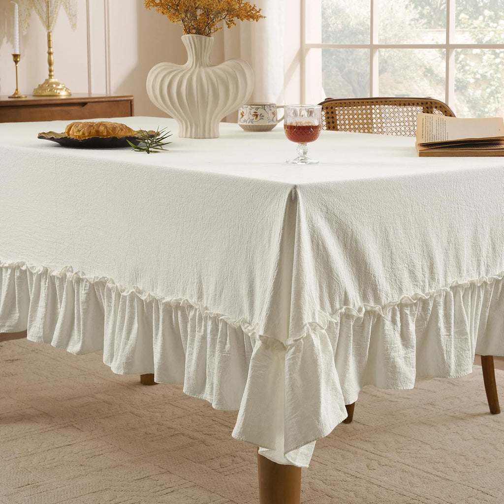 Ruffled Rectangle Tablecloth, White, 60 x 120 Inch