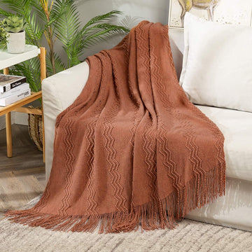 Knitted Boho Throw Blanket, Orange